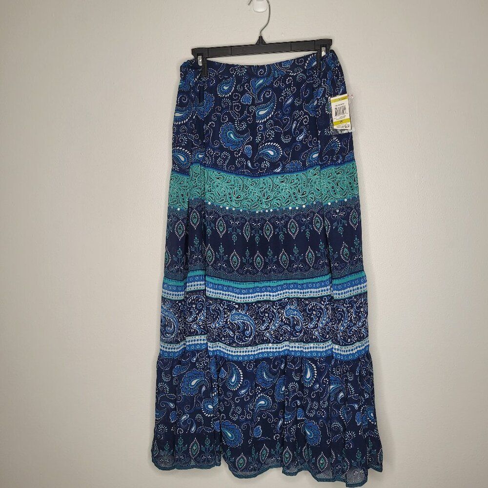 Y2k JM Collection blue mixed print paisley boho maxi skirt size 14 NWT